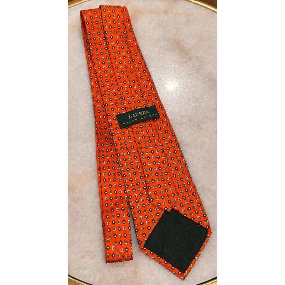 Lauren Ralph Lauren Mens Orange Geometric Silk Tie Hand Finished Made in USA
